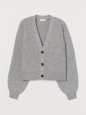 H&M Wool Blend Thick Knit Oversized Drop Shoulder Ribbed V-Neck Button Cardigan